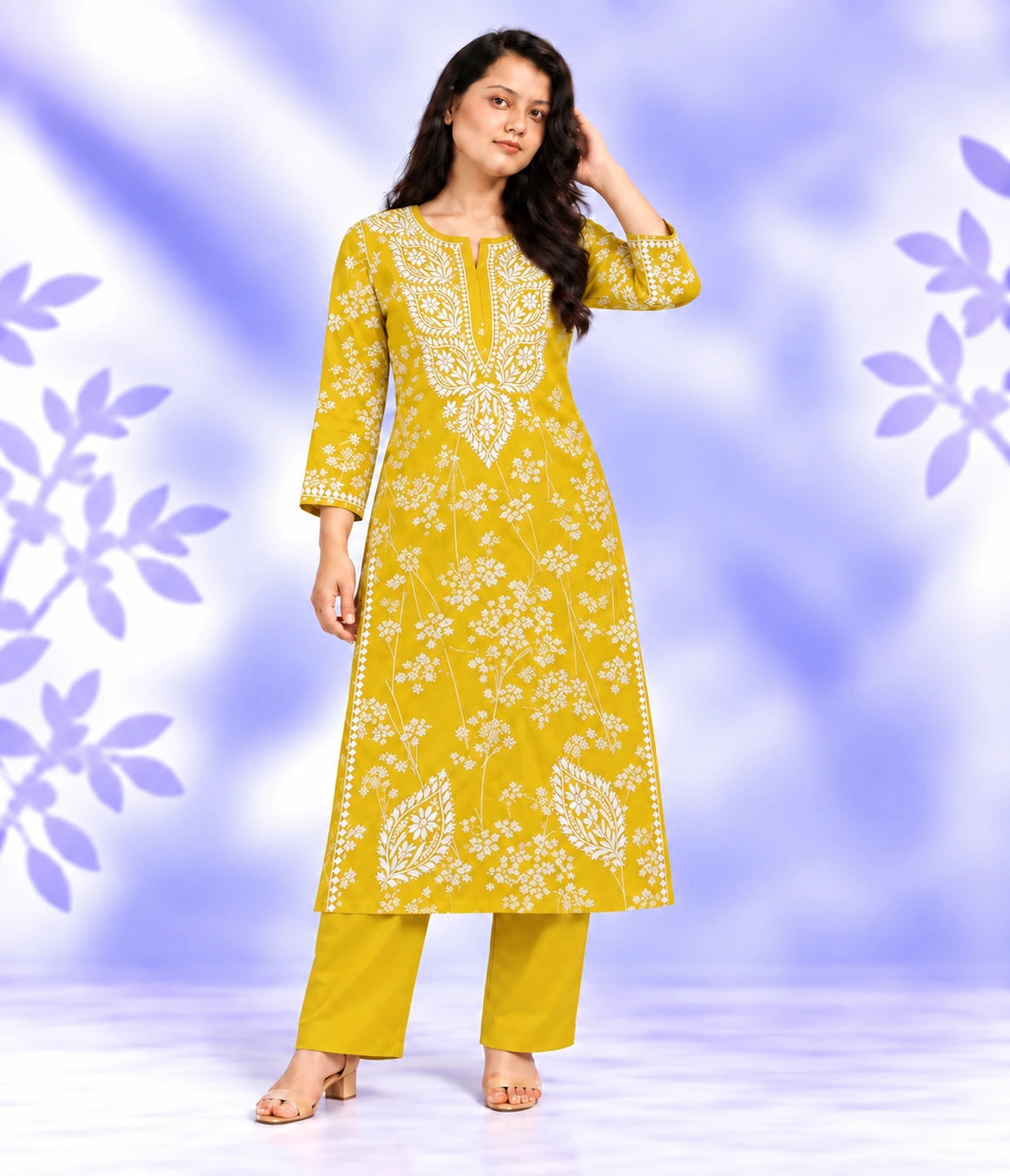 NISHA Yellow Mulmul PrintedChikankari Long Kurta