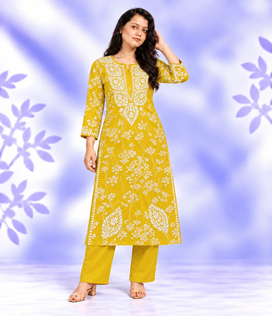 NISHA Yellow Mulmul PrintedChikankari Long Kurta