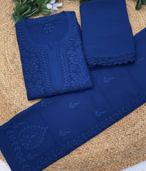 YATI Blue Pure Viscose Chikankari 3D Emboss 4pcs Set