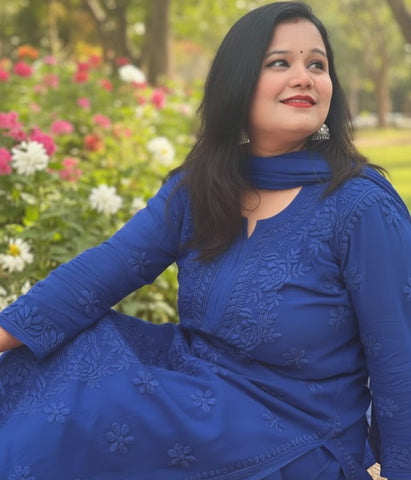 YATI Blue Pure Viscose Chikankari 3D Emboss 4pcs Set