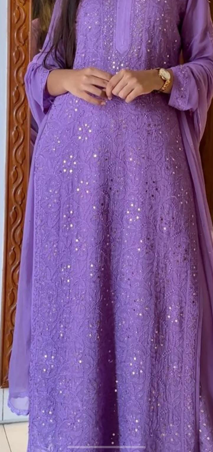 SITARA Deep Lavender Pure Viscose Georgette Chikankari Kaamdani suit Set