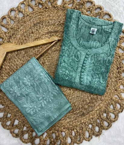 NANDINI Teal Pure Brasso Chikankari Kurti Pant Set