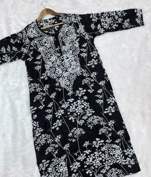 NISHA Black Mulmul Printed Chikankari Long Kurta