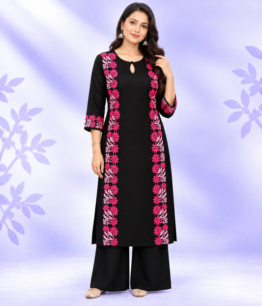 SAKSHI Luxe Modal Chikankari Kurti with Pink Hand Embroidered Floral Work