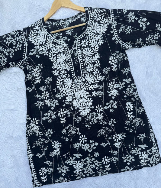 ALIA Black Pure Mulmul Chikankari Printed Short Top