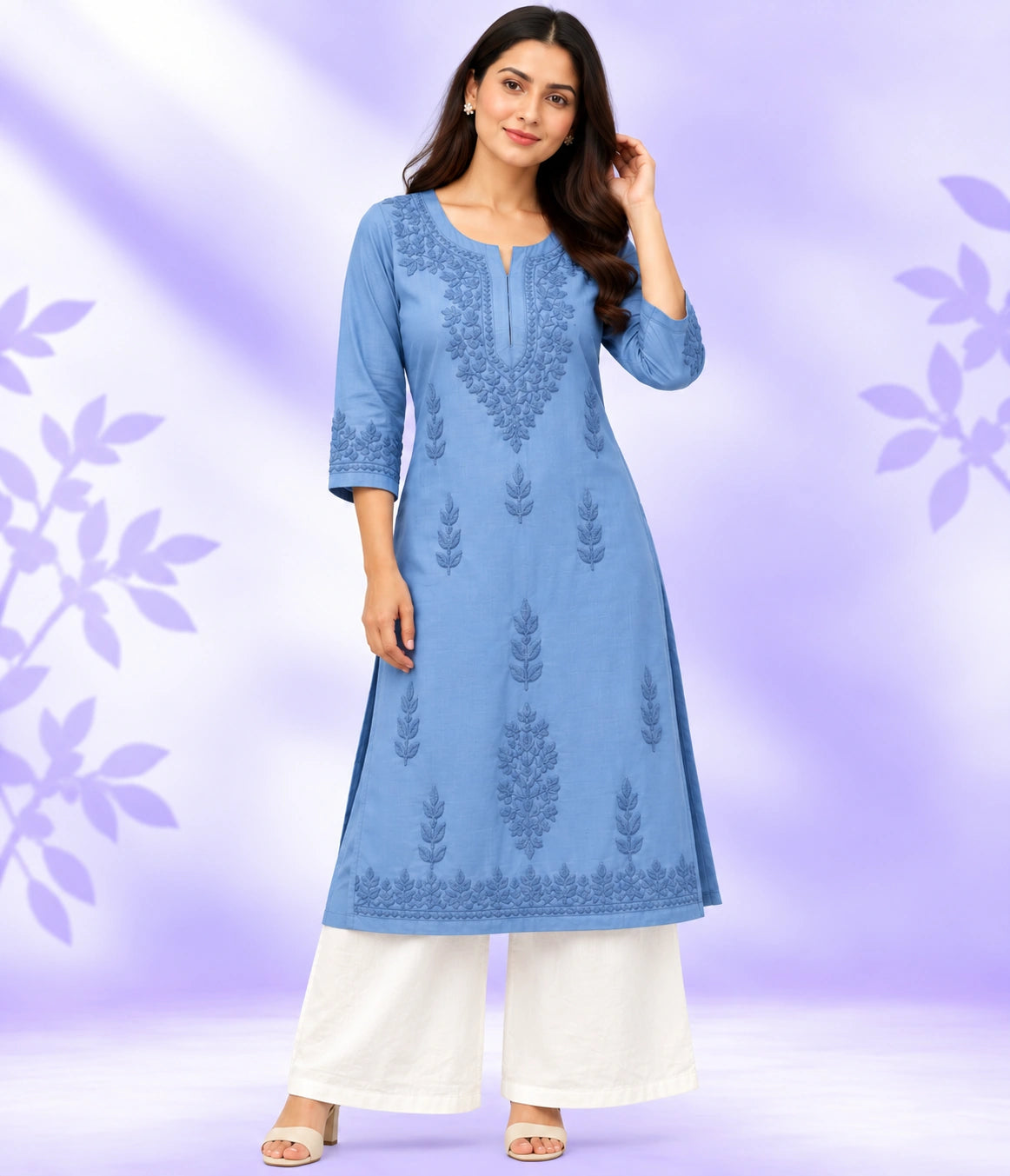 ISHA Pure Chanderi Lucknowi Chikankari Kurta Palazzo Set with Chiffon Dupatta