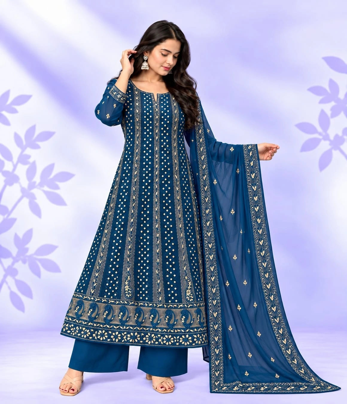 ANU Viscose Georgette Chikankari Anarkali with Dupatta – Gota Patti, Mirror & Kasab Work, Dyeable