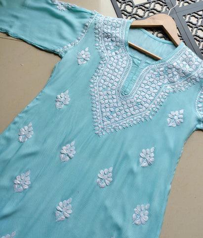 SHIVANI Blue Modal Chikankari Kurti Set - Elegant Lucknowi Chikankari for Women