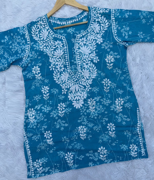 ALIA Blue Pure Mulmul Printed Chikankari Short Top
