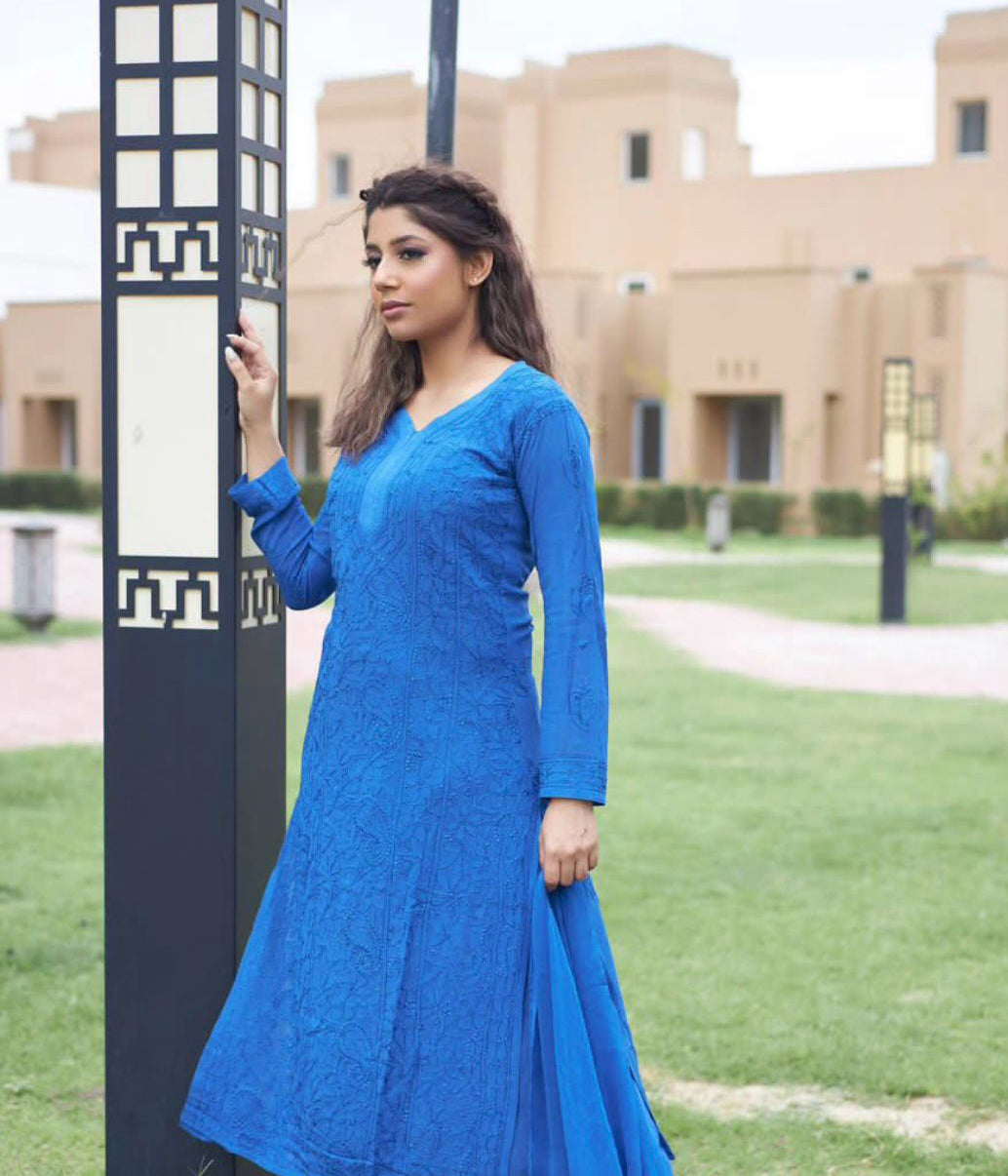 SARIKA Blue Pure Viscose Resham Thread Chikankari Kurti