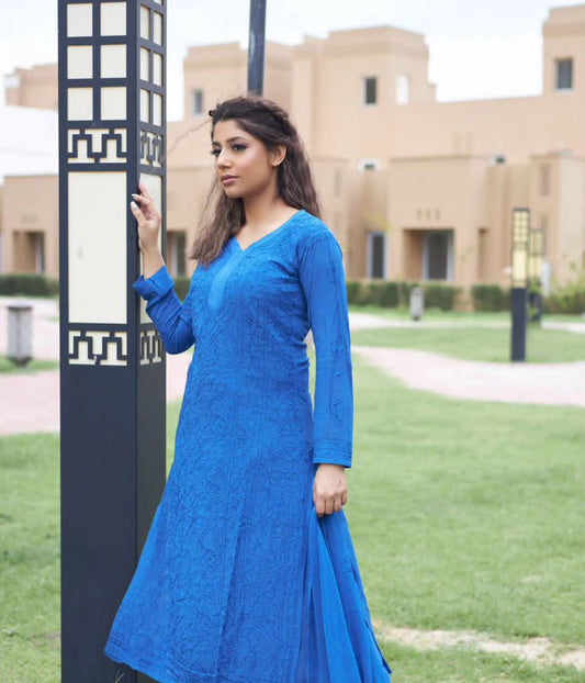 SARIKA Blue Pure Viscose Resham Thread Chikankari Kurti