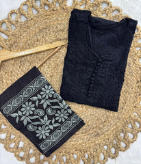 NANDINI Black Pure Brasso Chikankari Kurti Pant Set
