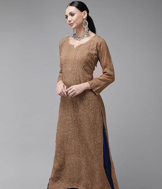 SONAM Brown Pure Viscose Resham Thread Chikankari Kurta