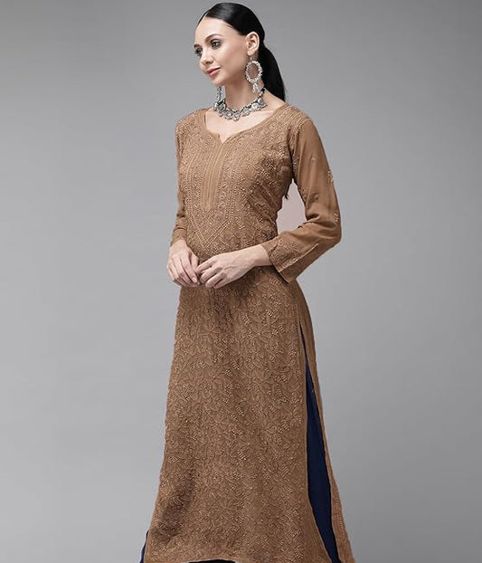 SONAM Brown Pure Viscose Resham Thread Chikankari Kurta
