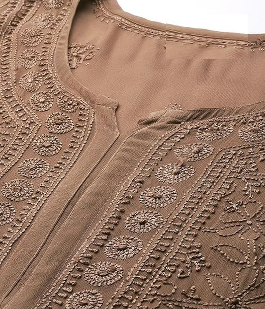 SONAM Brown Pure Viscose Resham Thread Chikankari Kurta