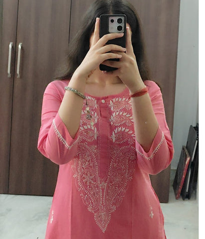 NIHARIKA Pink South Cotton Chikanpari  A-Line Long Kurti