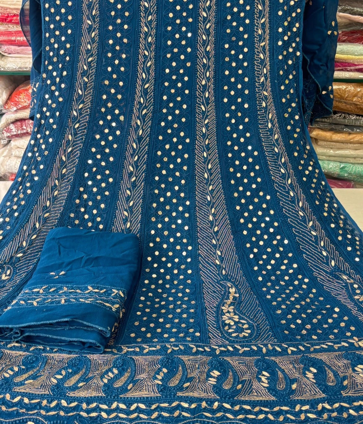 ANU Viscose Georgette Chikankari Anarkali with Dupatta – Gota Patti, Mirror & Kasab Work, Dyeable