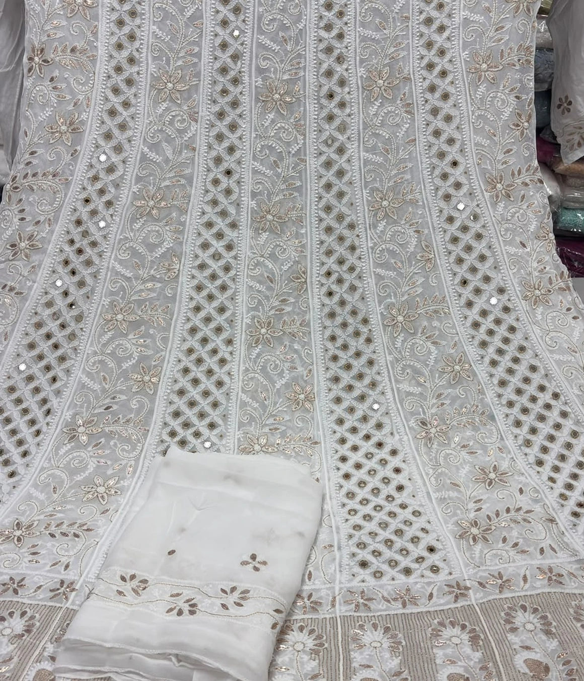 ANU Viscose Georgette Chikankari Anarkali with Dupatta – Gota Patti, Mirror & Kasab Work, Dyeable