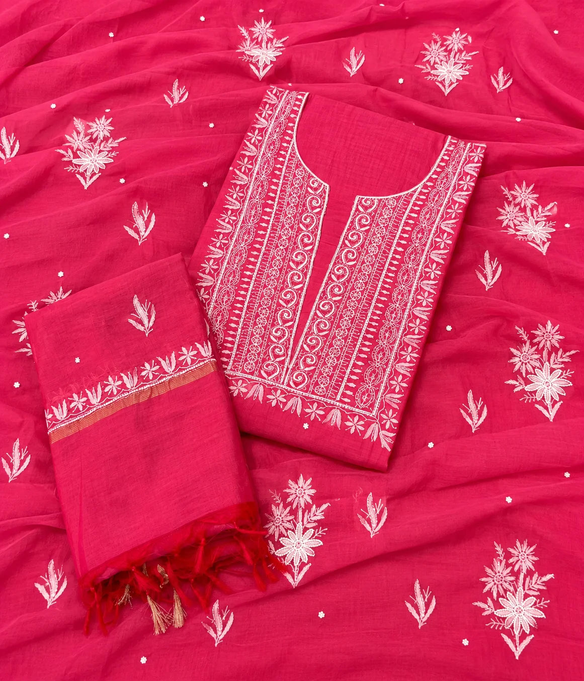 RIYA Pure Mulmul Chikankari Unstitched Kurta with Zari Dupatta & Pearl Work
