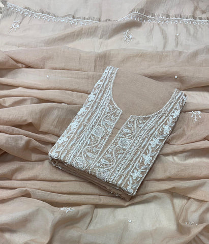 ADITI Beige Pure Mulmul Chikankari Kurta Dupatta Set