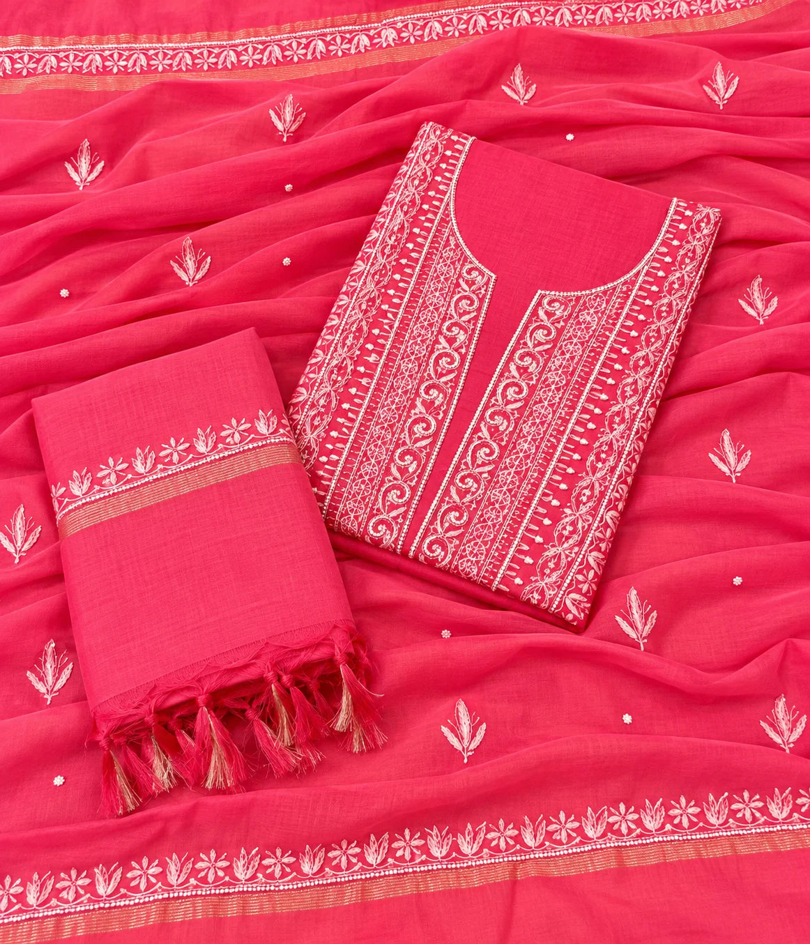 RIYA Pure Mulmul Chikankari Unstitched Kurta with Zari Dupatta & Pearl Work
