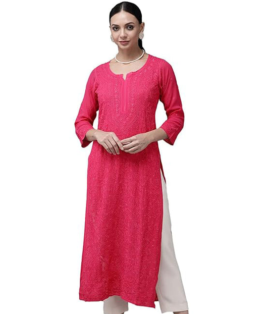 SONAM Fuschia Pure Viscose Resham Thread Chikankari Kurta