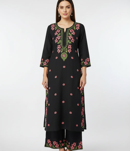 SHREYA Pink Black Modal Kurti Palazzo Chikankari Set