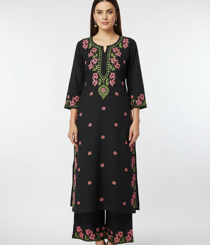 SHREYA Pink Black Modal Kurti Palazzo Chikankari Set