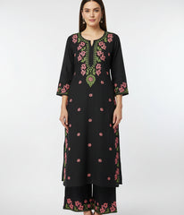 SHREYA Pink Black Modal Kurti Palazzo Chikankari Set