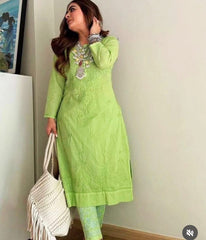 PARI Lemon Green Cotton Dobby Chikankari Kurta Pant Set