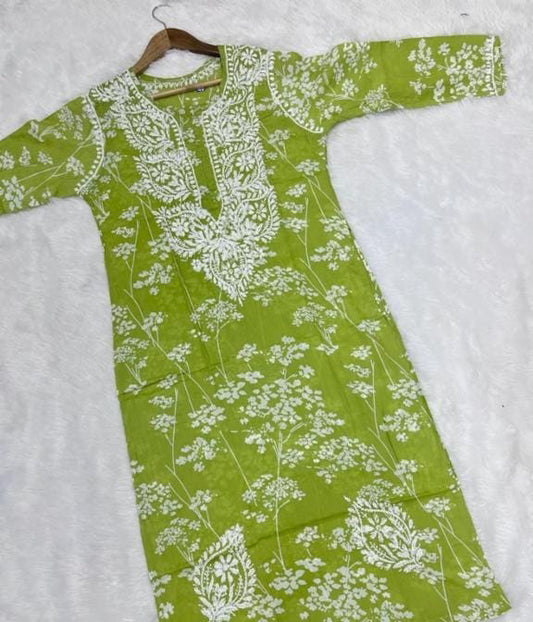 NISHA Green Mulmul Printed Chikankari Long Kurta