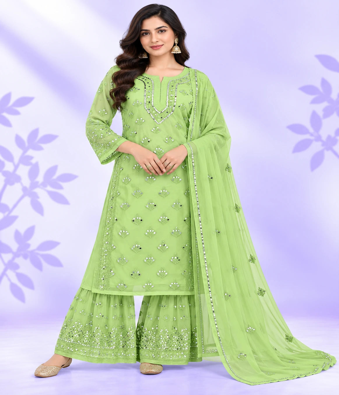 MAHI Mirror Work Lucknowi Chikankari Sharara Set with Dupatta – 3 Piece