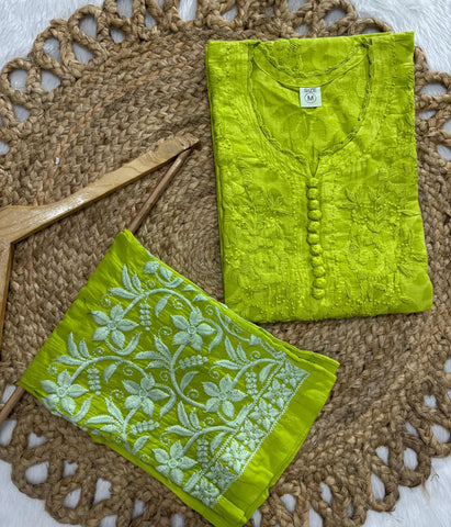 NANDINI Green Pure Brasso  Chikankari Kurti Pant Set