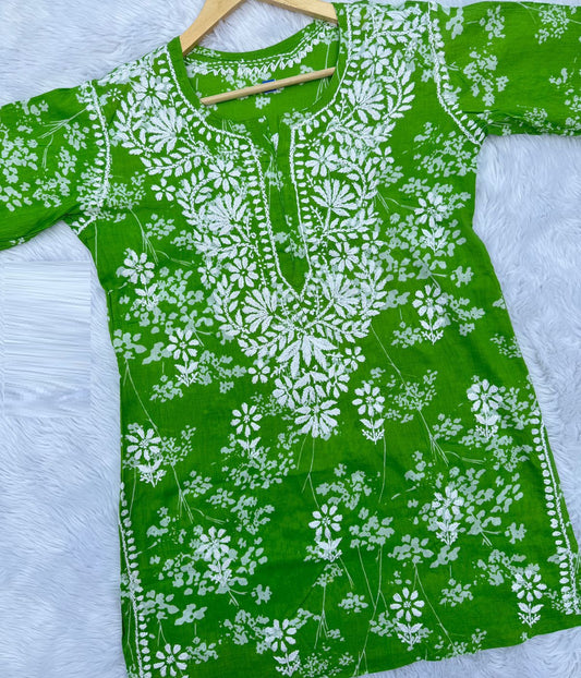 ALIA Green Pure Mulmul Printed Chikankari Short Top