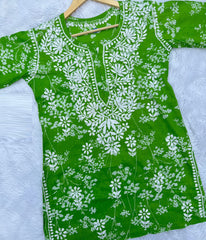 ALIA Green Pure Mulmul Printed Chikankari Short Top