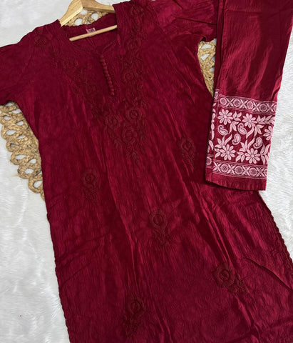 NANDINI Grey Pure Brasso Chikankari Kurti Pant Set