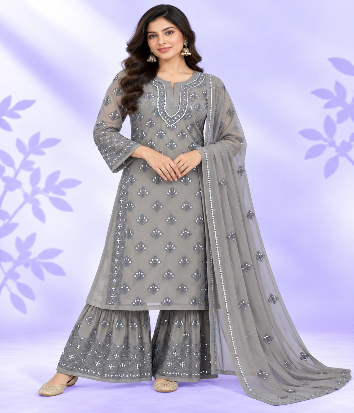MAHI Mirror Work Lucknowi Chikankari Sharara Set with Dupatta – 3 Piece