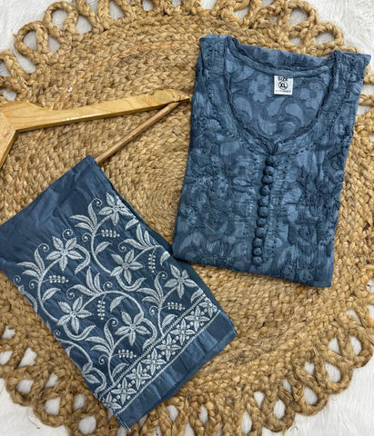 NANDINI Grey Pure Brasso Chikankari Kurti Pant Set