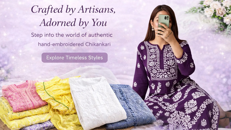 Authentic Lucknowi Chikankari kurti in purple with detailed hand embroidery for everyday elegance