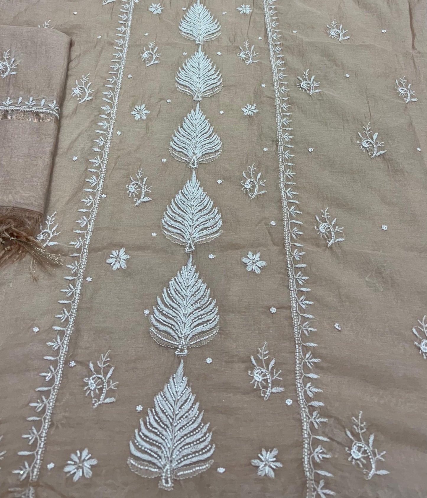 ADITI Beige Pure Mulmul Chikankari Kurta Dupatta Set