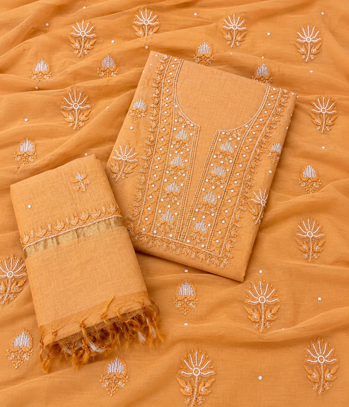 RIYA Pure Mulmul Chikankari Unstitched Kurta with Zari Dupatta & Pearl Work