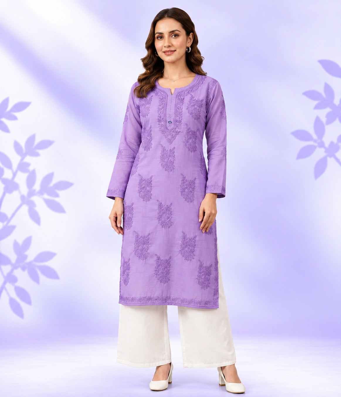ISHA Pure Chanderi Lucknowi Chikankari Kurta Palazzo Set with Chiffon Dupatta