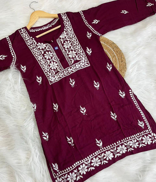 KHUSHI Maroon Modal Chikankari Short Top
