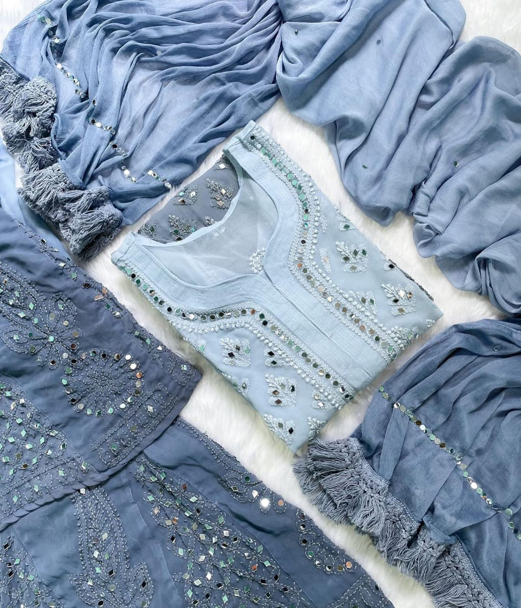 SAPNA Grey Mirror Work Chikankari Kurta Palazzo Set