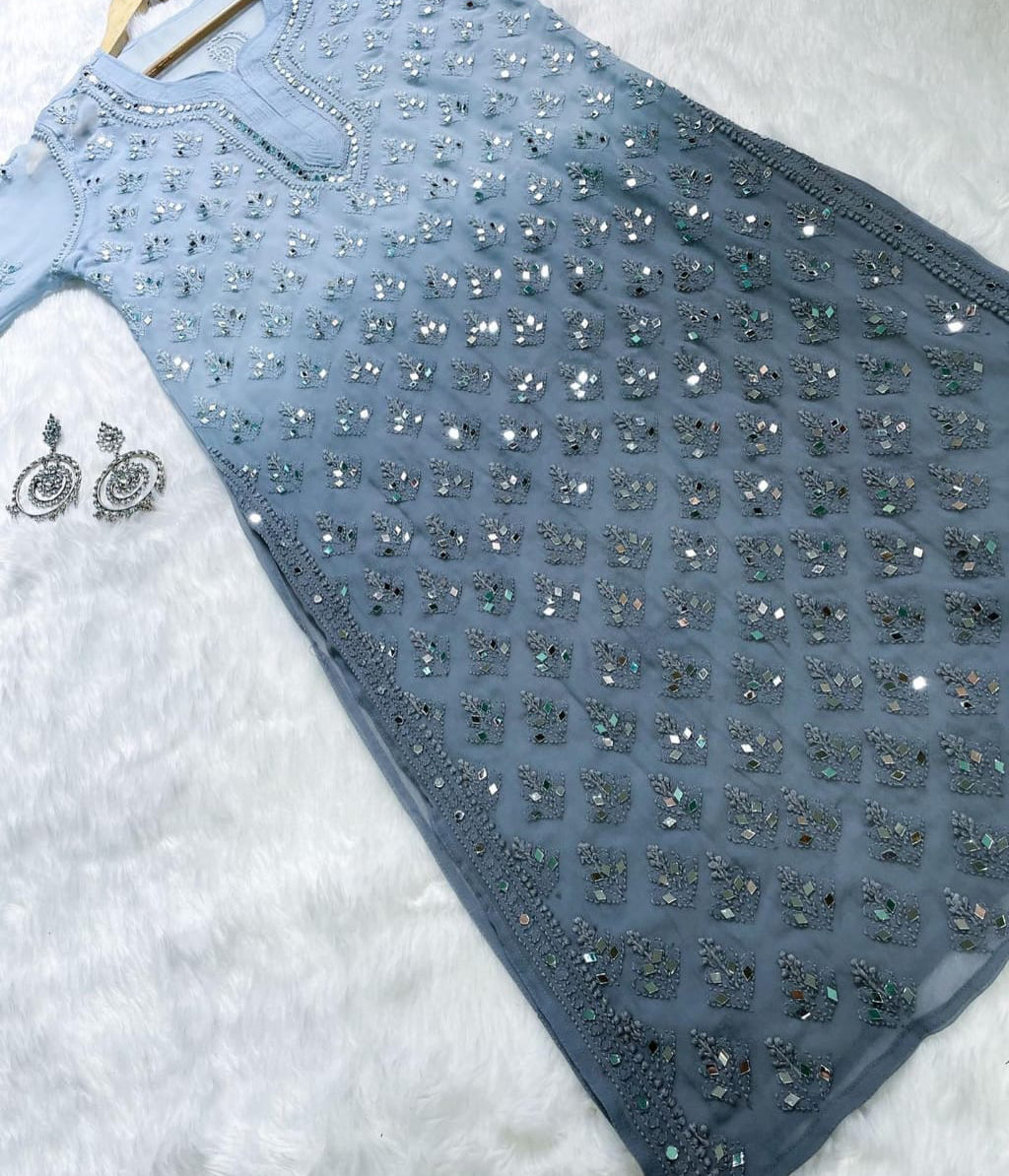 SAPNA Grey Mirror Work Chikankari Kurta Palazzo Set