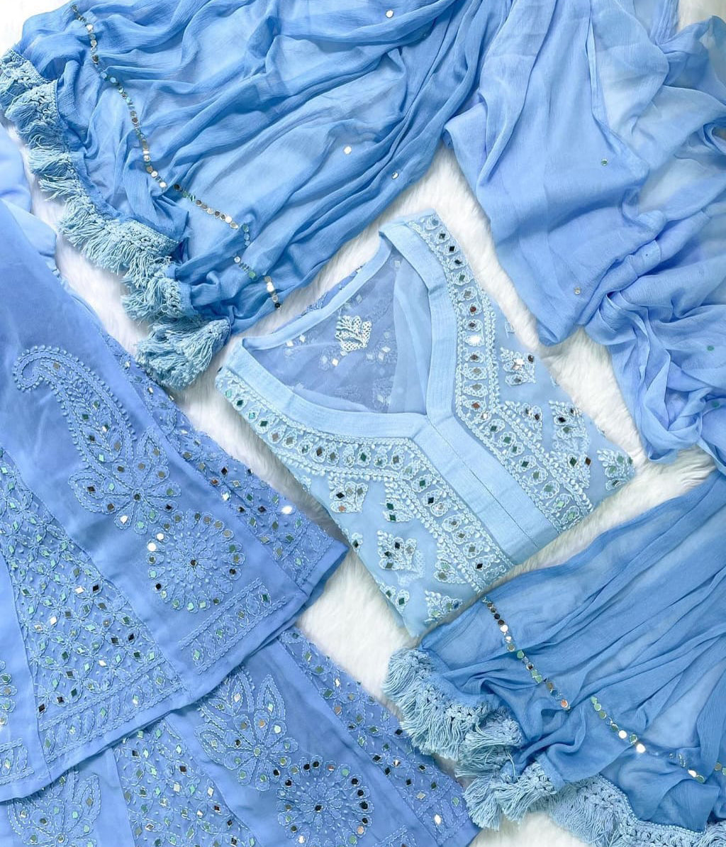 SAPNA Blue Mirror Work Chikankari Kurta Palazzo Dupatta Set
