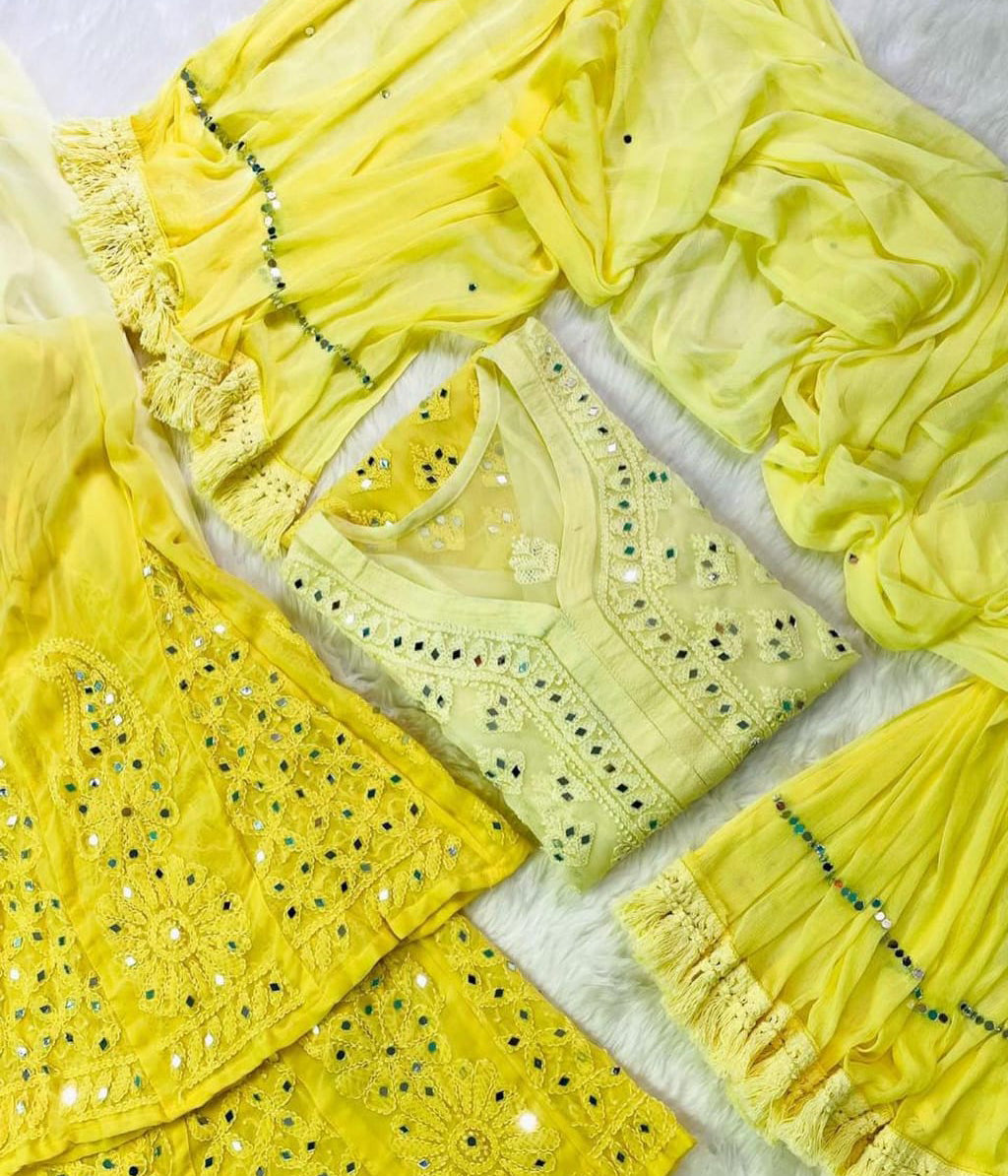 SAPNA Yellow Mirror Work Chikankari Kurta Palazzo Dupatta Set
