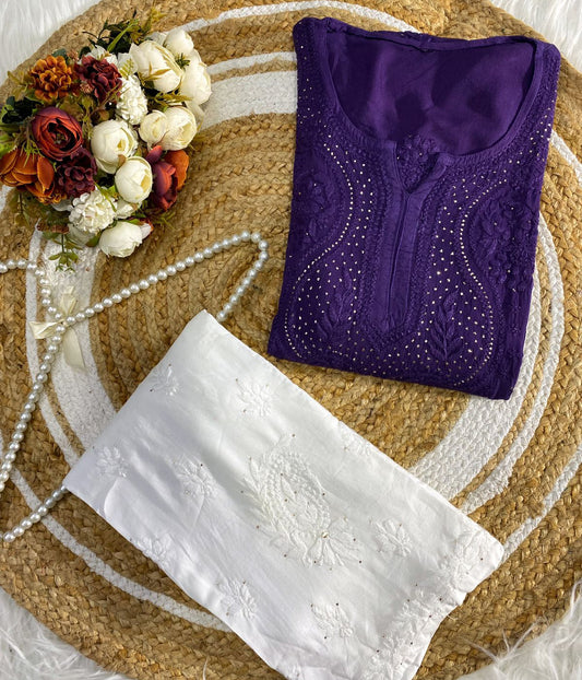 ANAMIKA Purple Modal Silk Mokaish Chikankari Kurta Palazzo Set