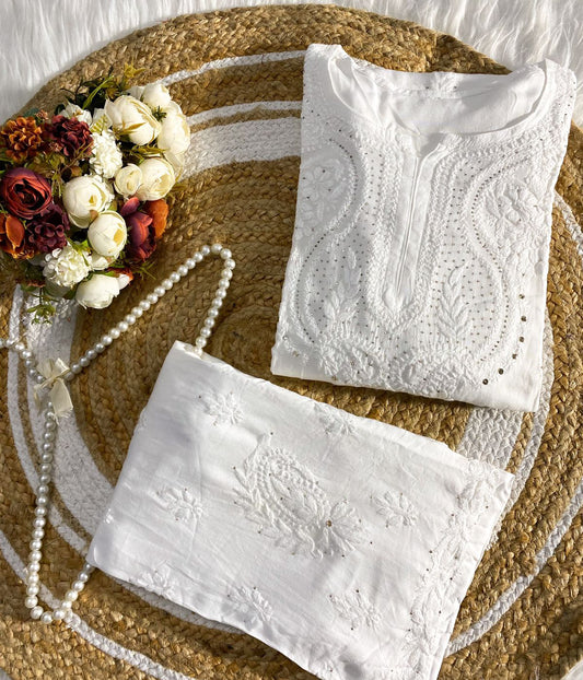 ANAMIKA White Modal Silk Mokaish Chikankari Kurta Palazzo Set