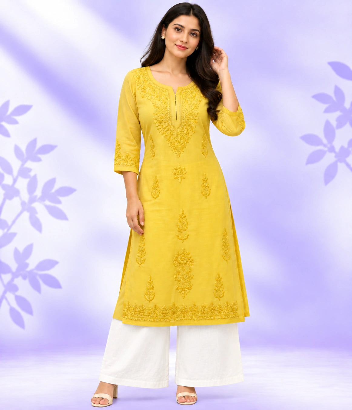 ISHA Pure Chanderi Lucknowi Chikankari Kurta Palazzo Set with Chiffon Dupatta
